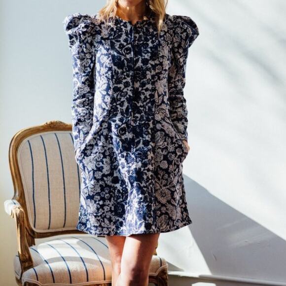 Ulla Johnson Dress Mini Western Wren Denim Puff Long Sleeve Blue Floral US 8 - Picture 6 of 15